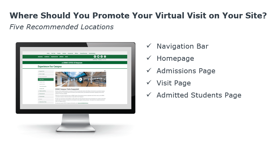 Promote your virtual tour on your website in these five locations: Navigation Bar, Homepage, Admissions Page, Visit Page
Admitted Students Page
