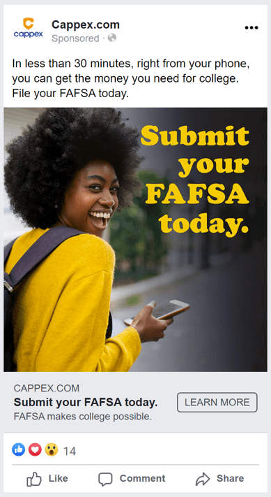 Sample Facebook Ad: Female student smiling with text that says "Submit Your FAFSA Today"
