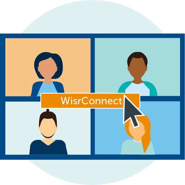 Image of four students on screen with cursor hovering over "WisrConnect" - responsive recruitment marketing