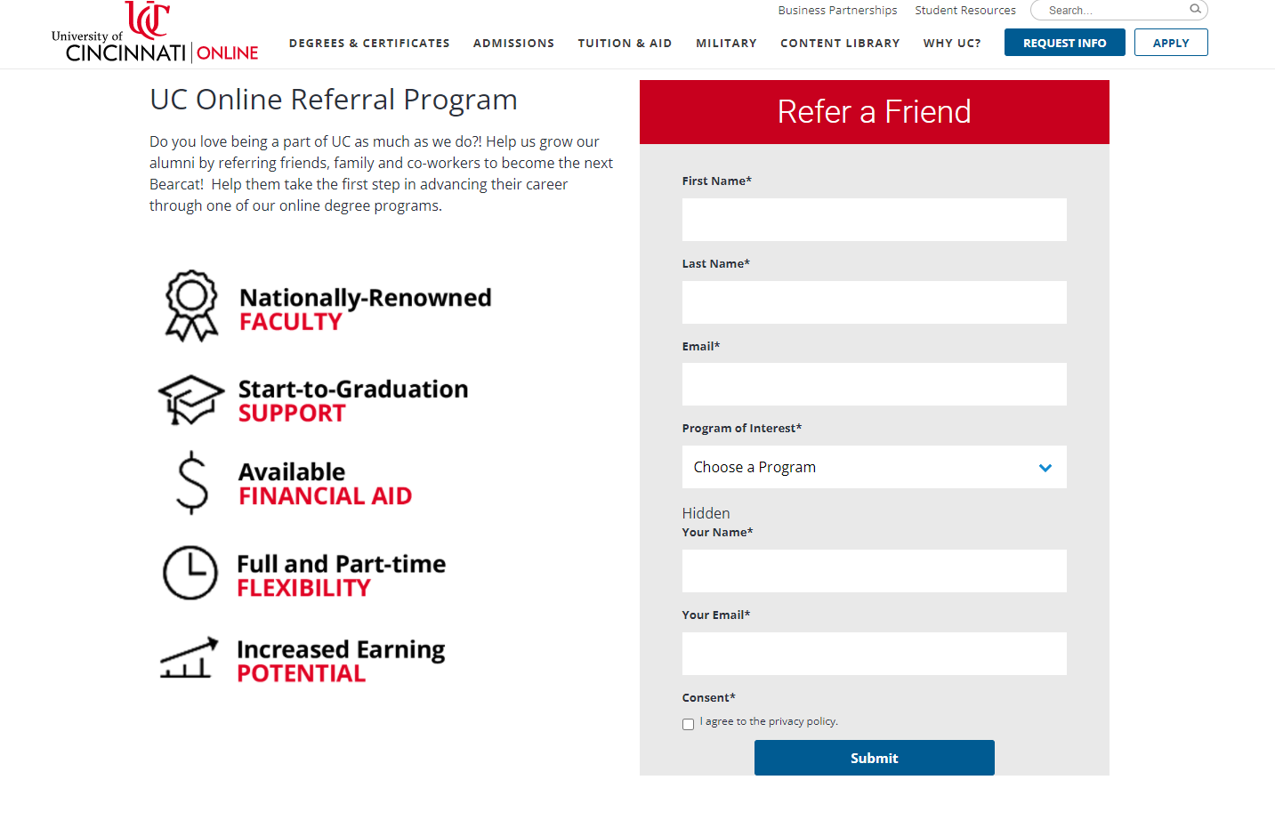 Screenshot showing the University of Cincinnati Online Referral Program