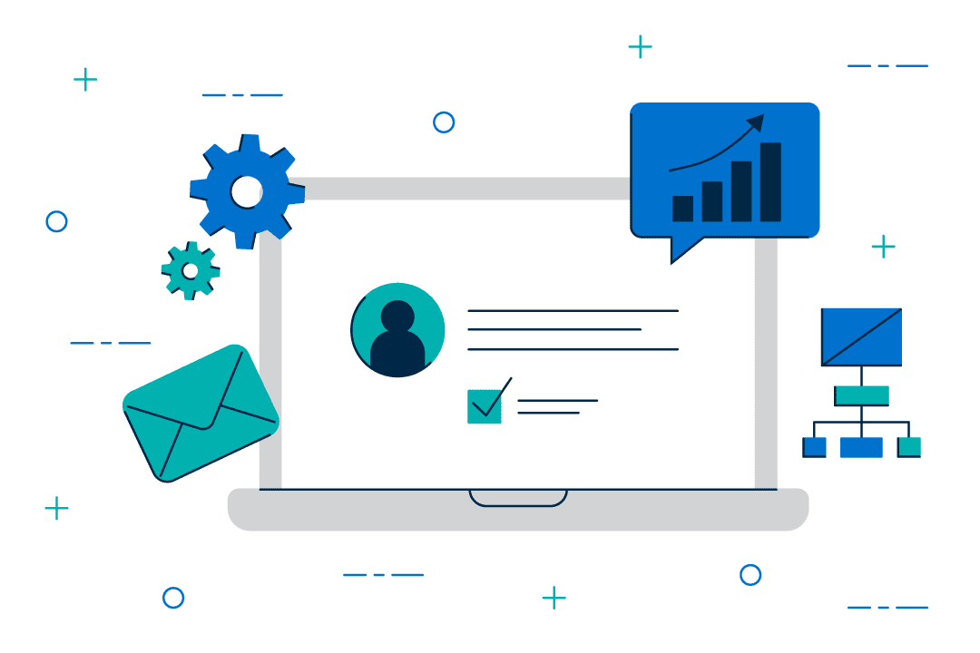 Illustrated image depicting a laptop, email, and data charts