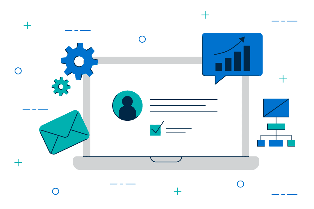 Illustrated image depicting a laptop, email, and data charts
