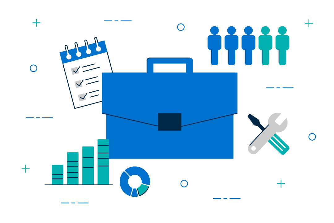 illustrated graphic depicting a briefcase along side icons of a bar graph, checklist, people graph, and maintenance tools