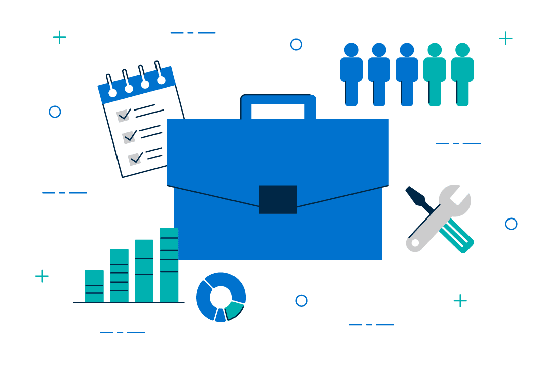 illustrated graphic depicting a briefcase along side icons of a bar graph, checklist, people graph, and maintenance tools