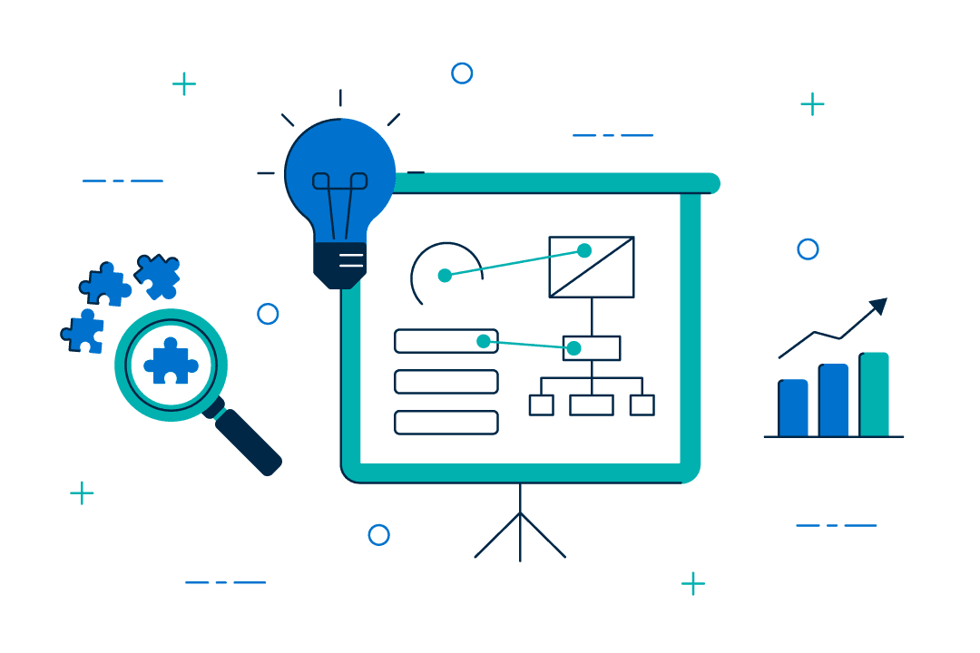 illustrated image depicting a presentation screen showcasing different data points