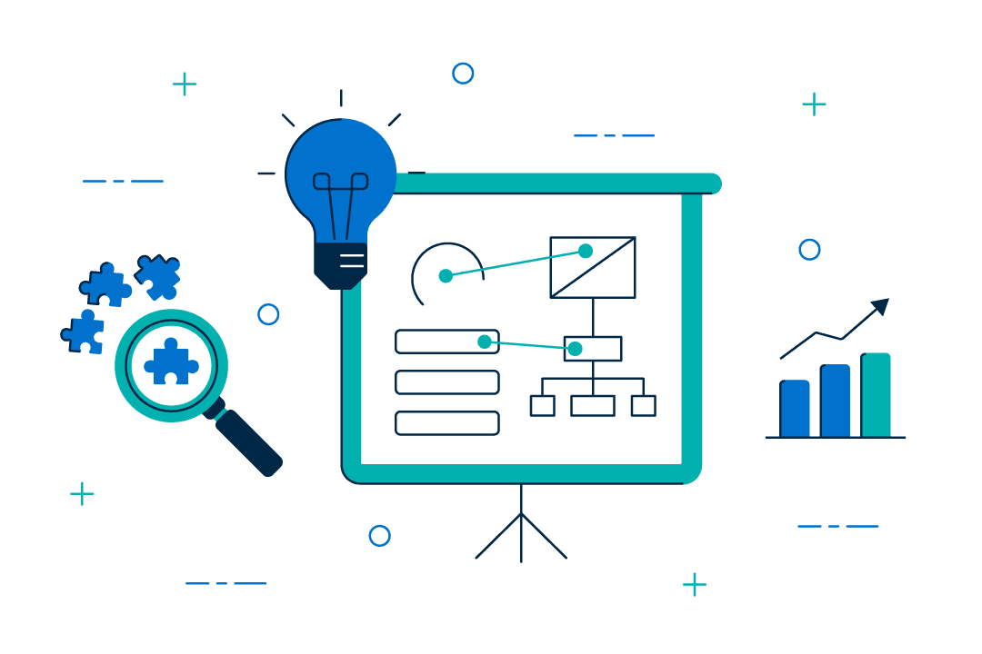 illustrated image depicting a presentation screen showcasing different data points