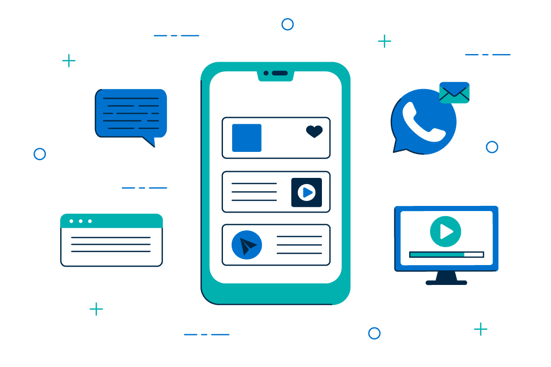 illustrated graphic depicting a mobile device, chat bubble, computer screen, and internet window.