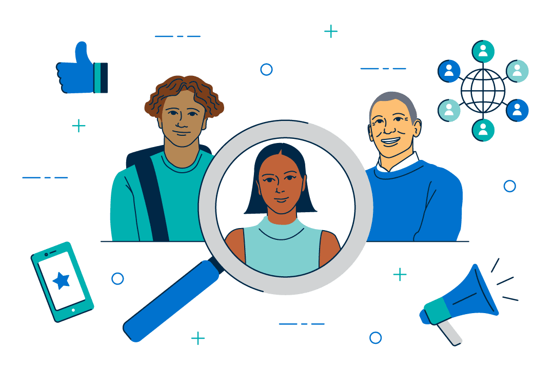 illustrated graphic depicting a male student, adult female, and older male