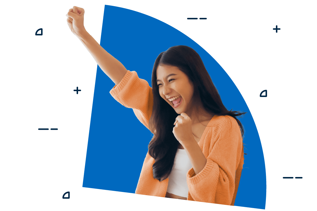 Student fist pumping into the air with joy