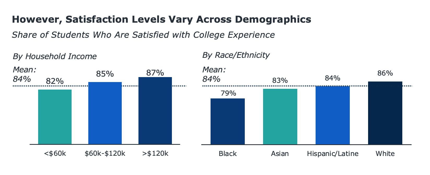 Bar chat describing how satisfaction levels vary between income and race/ethnicity.