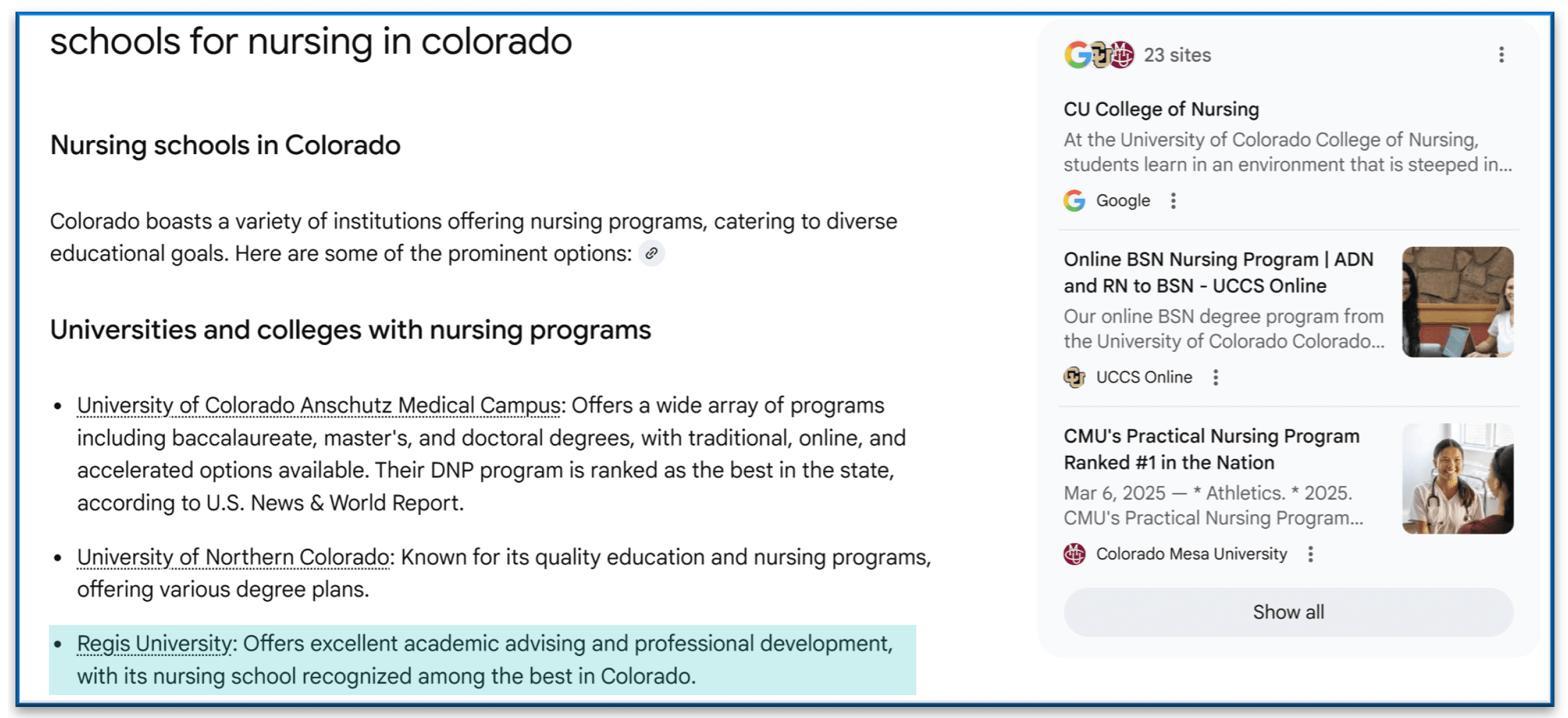 AI Overview example featuring EAB partner, Regis University 