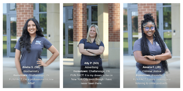 Image showing three examples of tour guide profiles at MTSU.