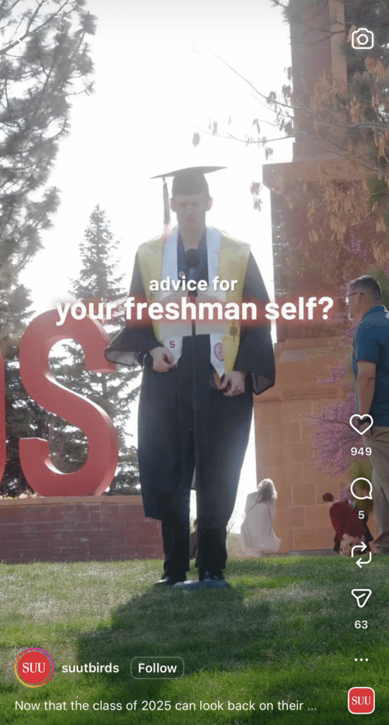 SUU instagram reel screenshot about the class of 2025's advice to their freshman self.
